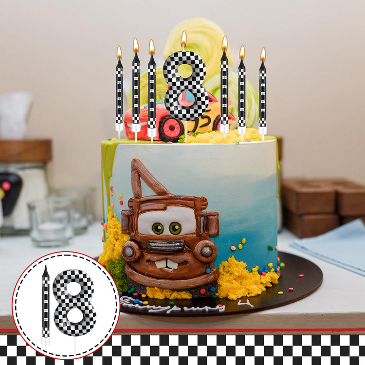 13 Pcs Racing Cars Themed Birthday Candles Black and White Race Number 8 Checkered Candle Cake Topper for Racing Car Party Decoration Supplies (13 Count)