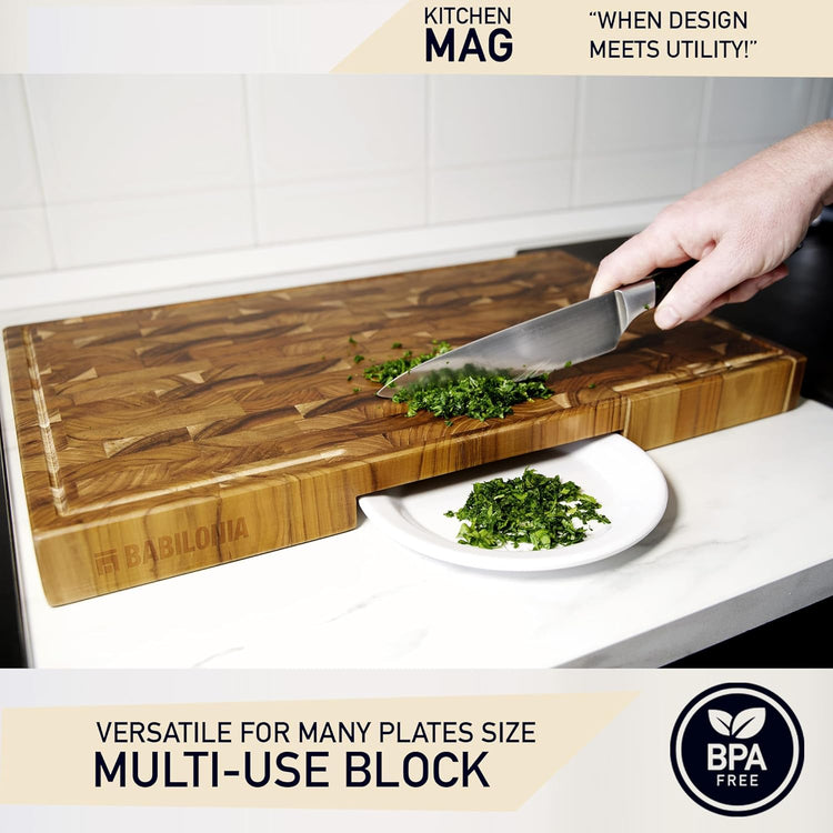 Teak Cutting Board Large (ExtraThick 1.7"). Premium Quality Butcher Block, Charcuterie Board. Heavy Duty End Grain Wood Chopping Board 19.7"L x 12.2"W with Handle (Oil bottle & Plate included)