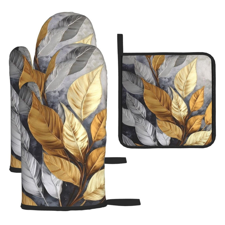 Gold Silver Tropical Leaves Oven Mitts and Pot Holders Sets of 3 (3 Count)