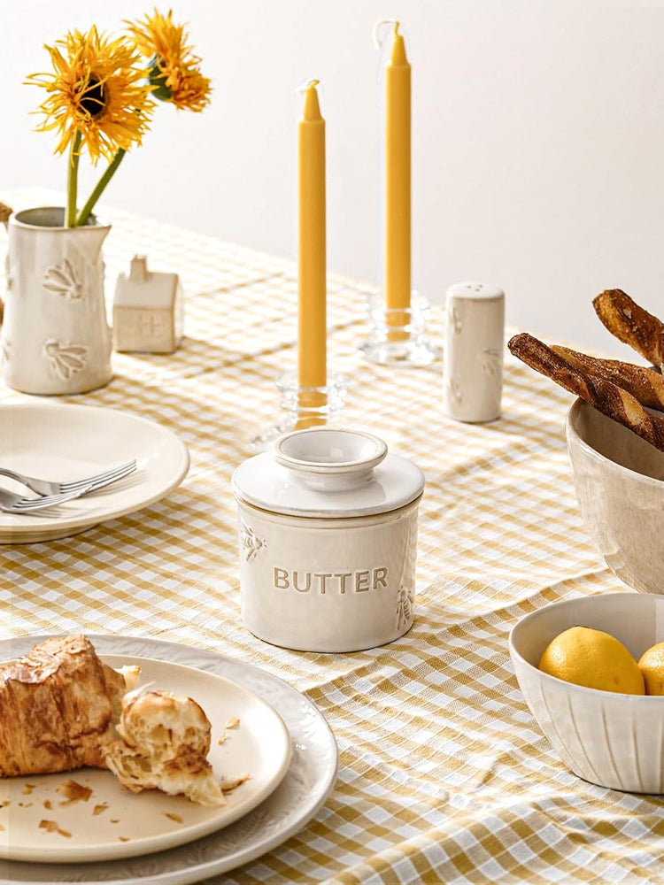 LE TAUCI Butter Crock, Butter Dish with Lid, Butter Container for Counter with Water Line, Embossed French Butter Keeper for Spreadable Butter, Suit For Housewarming - Set of 1, Arctic White, Bee
