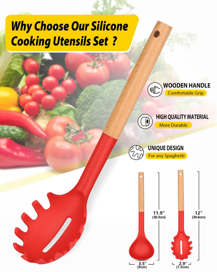Silicone Pasta Fork and Ladle Spoon Set with Wooden Handle (2 Count)