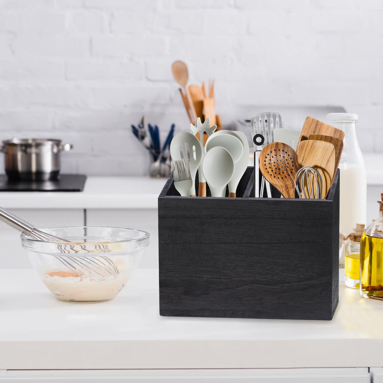 Wooden Kitchen Utensil Caddy With 2 Compartments