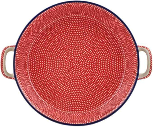 Polmedia Polish Pottery Round Baker with Handles 10-inch UNIKAT - Red Sea Pattern Handmade in Boleslawiec Poland by Ceramika Artystyczna + Certificate of Authenticity