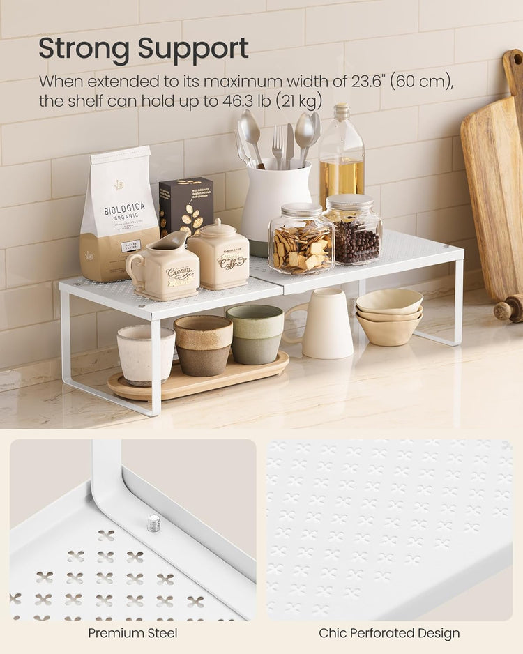 SONGMICS Set of 2 Expandable Pantry Kitchen Organizers, Adjustable Spice Rack, Stackable Cabinet Organizers, Metal, Space-Saving Tabletop Shelves, Matte White UKCS402W01