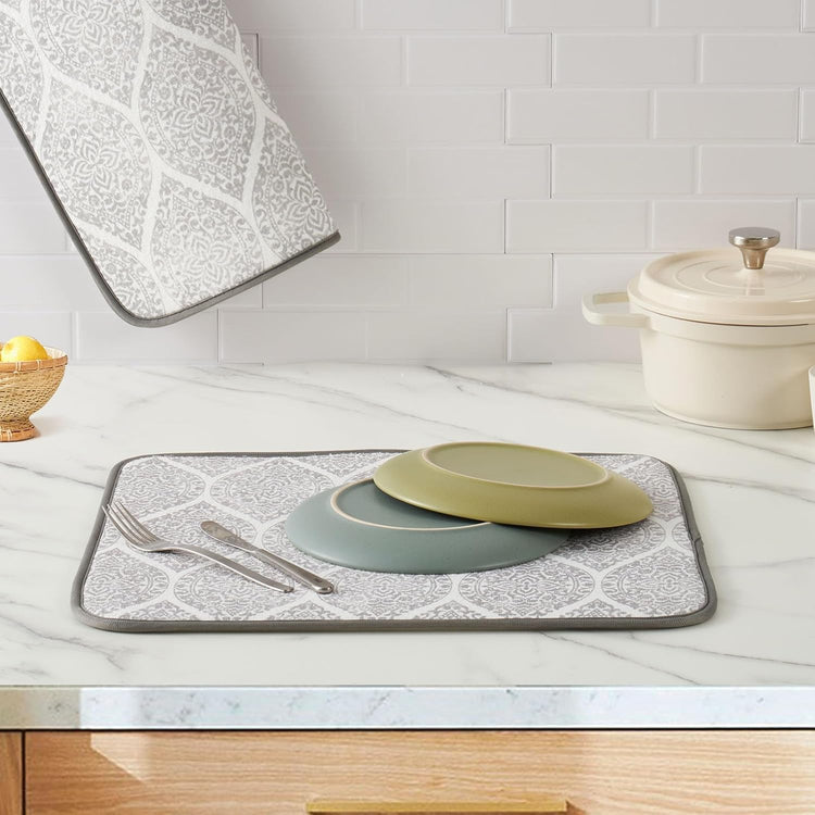 FRESHMINT Printed Dish Drying Mats for Kitchen Counter 2 Pack Absorbent Reversible Drying Mats Microfiber Kitchen Countertop Protector Dishes Drying Pad Extra Large 18"x16" Dish Mat