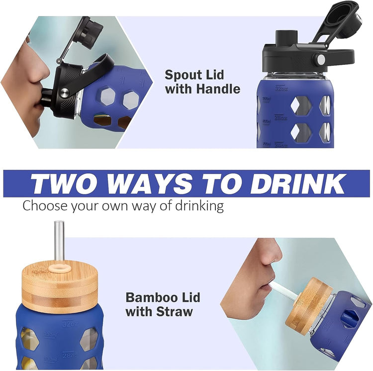 MUKOKO Glass Water Bottles, 32oz Glass Tumbler with Straw, Drinking Bottles with 2 Lids-Handle Spout Lid&Bamboo Straw Lid, Motivational Water Bottle with Time Marker and Silicone Sleeve, 1 Pack-Blue