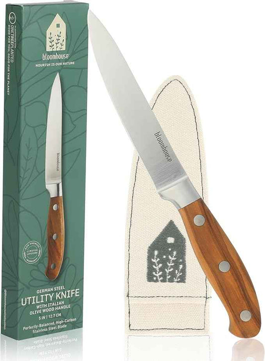 Bloomhouse - Two Time Oprah's Favorite Things Winner - 5" Utility Boning Kitchen Knife German Stainless Steel Blade w/Forged Italian Olive Wood Handle Full Tang for Meat Poultry & Precision Cutting