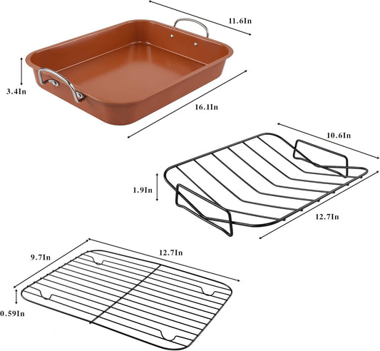 KitCom Nonstick Roasting Pan, Roaster with Cooling Rack and V-Rack - 16 Inch Rectangular Turkey Roaster Lasagna Pan for Easter, Thanksgiving & Christmas, Dishwasher Safe, Bronze - Nestoria