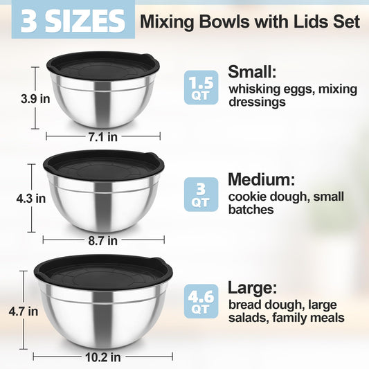 Mixing Bowls Stainless Steel Nesting Salad Bowls & Airtight Lids (3 Count)