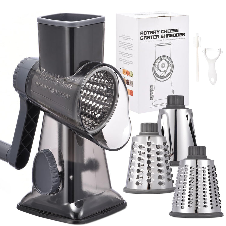 Rotary Cheese Grater with Handle Kitchen Shredder Slicer Grater Slicer Ice Shaver Cheese Vegetable Nuts Potato Zucchini Chocolate 3 Interchangeable Blades
