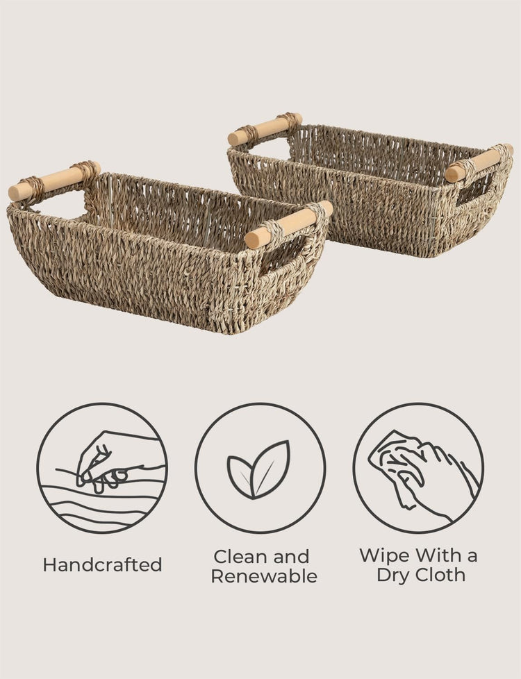 StorageWorks Small Baskets for Bathroom, Seagrass Woven Basket with Wooden Handles for Gifts, 2-Pack