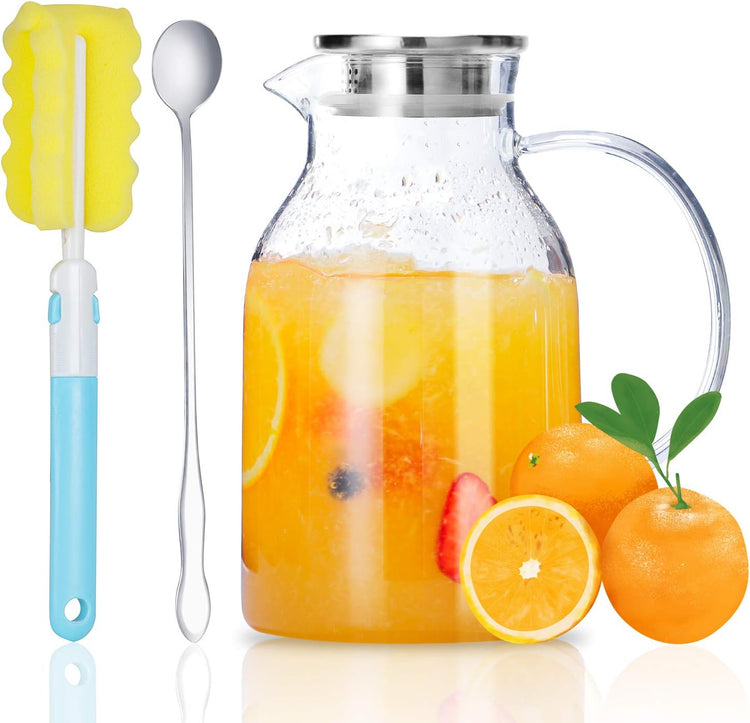 Glass Water Pitcher with Lid and Spout, 68 Ounces Heat Resistant Borosilicate Glass Carafe with Brush and Mixing Spoon, Temperature Safe