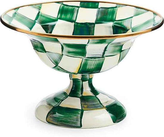 MACKENZIE-CHILDS Enamel Compote, Cute Enamel Pedestal Serving Dish or Decorative Bowl, Small, Green-and-White Emerald Check
