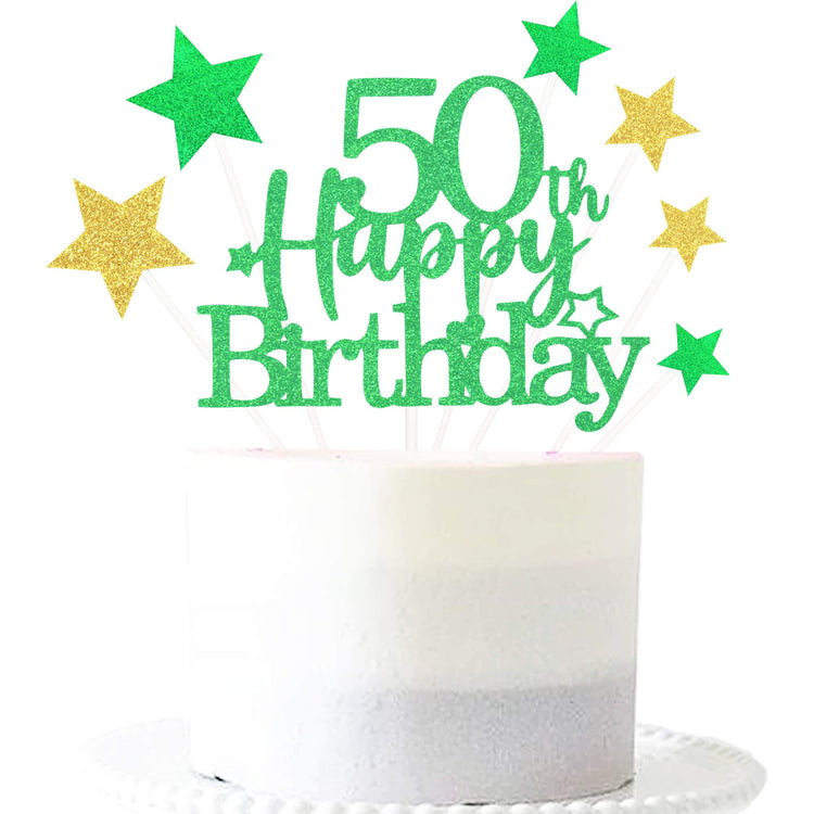Green Gold 50th Birthday Cake Topper with Glittery Stars (7 Count)