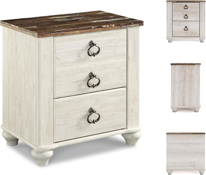 Signature Design by Ashley Willowton Farmhouse 2 Drawer Nightstand with USB Charging Ports, 25.67" Tall, Whitewash