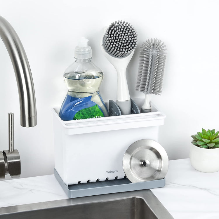 Sink Brush Holder for Kitchen Sink Sponge Caddy Countertop Organizer Plastic Dish Scrubber Holder with Dividers