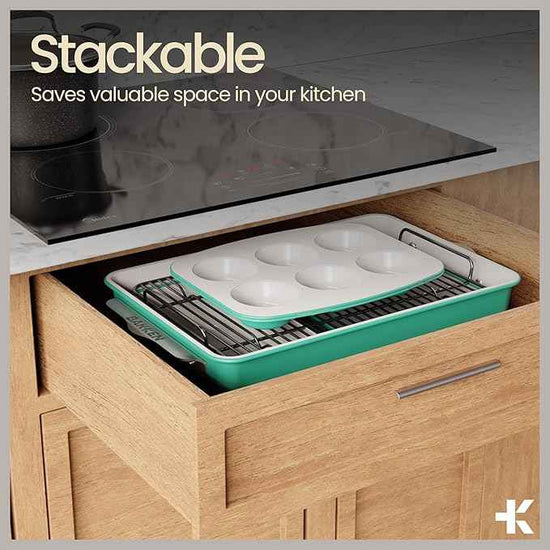 Bakken 8-Piece Stackable Bakeware Set - Ceramic Non-Stick Coating, Baking Sheets, Assorted Baking Pans, PTFE, PFOA & PFOS Free - Healthy Baking, Ergonomic Handles, Cooling Rack, Non-Toxic, Oven-Safe