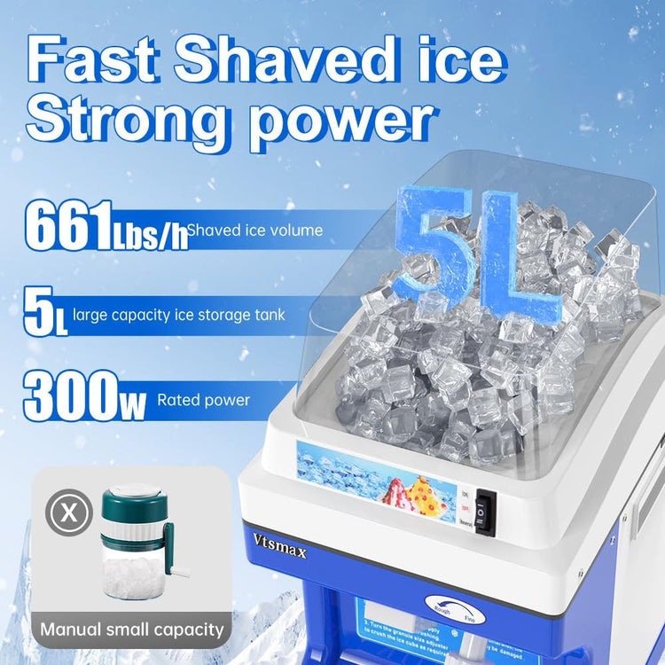 Electric Snow Cone Machine, 300W Ice Shaver Machine, Thickness Adjustable Snow Cone Maker Machine 661LBs/hr Ice Crusher for Bar Parties Events Snack, Home and Commerical Use Blue(5.8Qt)