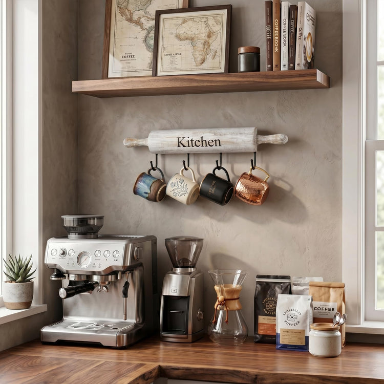 White Washed Wood Kitchen Utensil Rack with 4 Hooks