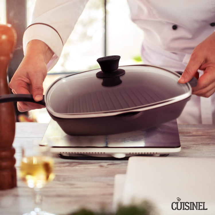 Cast Iron Square Grill Pan + Glass Lid + Pan Scraper + Handle Cover