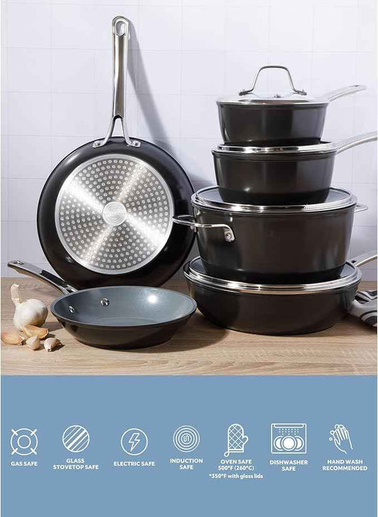 Sur La Table Kitchen Essentials Cool Commune Hard Anodized 10 Piece PFA Free Ceramic Non stick Interior Forged Durable Aluminum Pots and Pans Cookware Set - Black - Induction Compatible