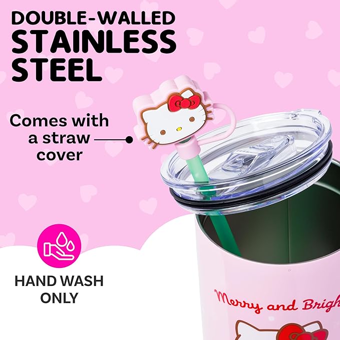 Silver Buffalo Sanrio Hello Kitty Christmas Holiday Sweater Merry and Bright Double Walled Stainless Steel Tumbler with Handle, Straw, and Straw Cap, Fits in Standard Cup Holder, 40 Ounces