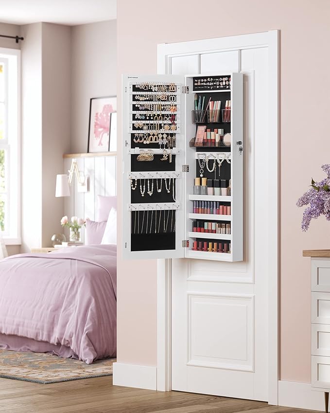 SONGMICS Jewelry Cabinet Armoire, Lockable Wall-Mounted Organizer Unit with 2 Plastic Cosmetic Storage Trays, Full-Length Frameless Mirror, White UJJC001W01
