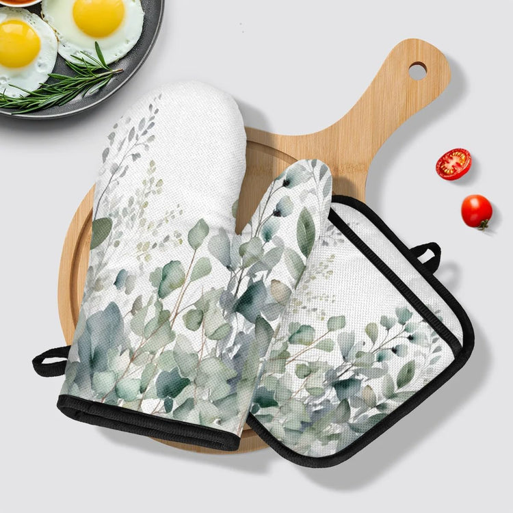 Sage Green Eucalyptus Oven Mitts and Pot Holders Sets, 2 Pcs Decorative Kitchen Oven Glove for Cooking