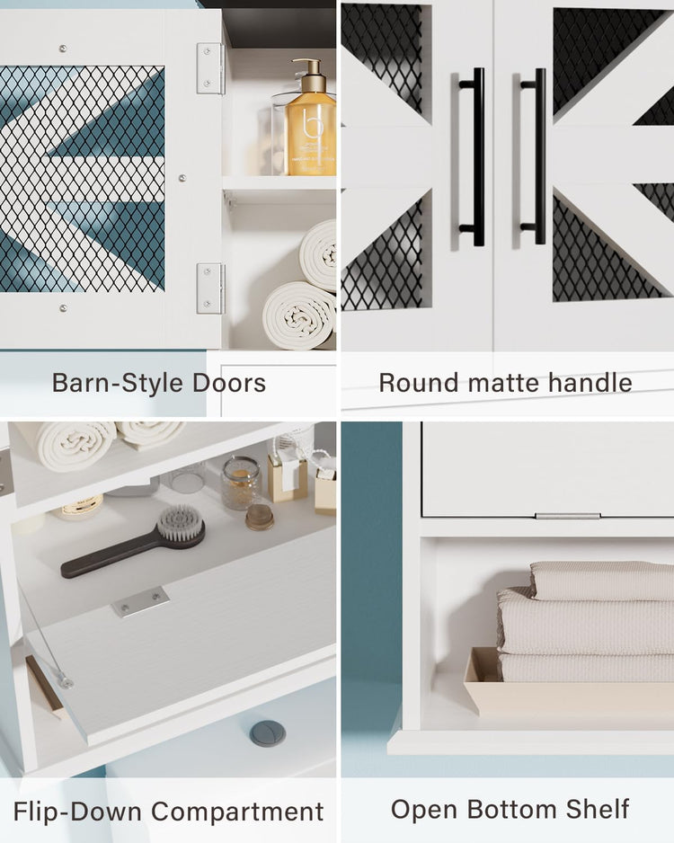 Wall Mounted Bathroom Cabinet with Double Doors, Flip-Down Storage and Open Shelf, Modern White Finish, Over-The-Toilet Space Saver Cabinet