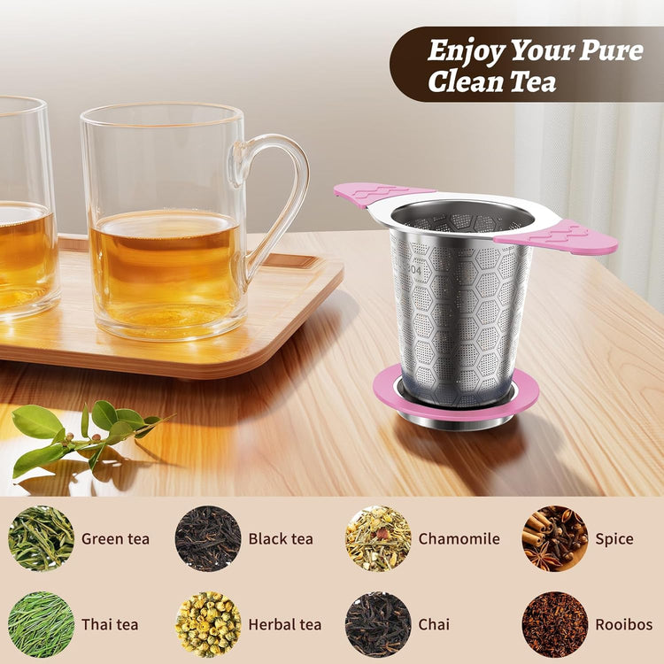 Tea Infuser for Loose Leaf Tea,18/8 Stainless Steel Tea Infuser with Heat Proof Silicone Handles,Extra Fine Mesh Tea Strainers Filter Fine Tea Leaves Effectively,Fits TeaPots/Mugs-Pink