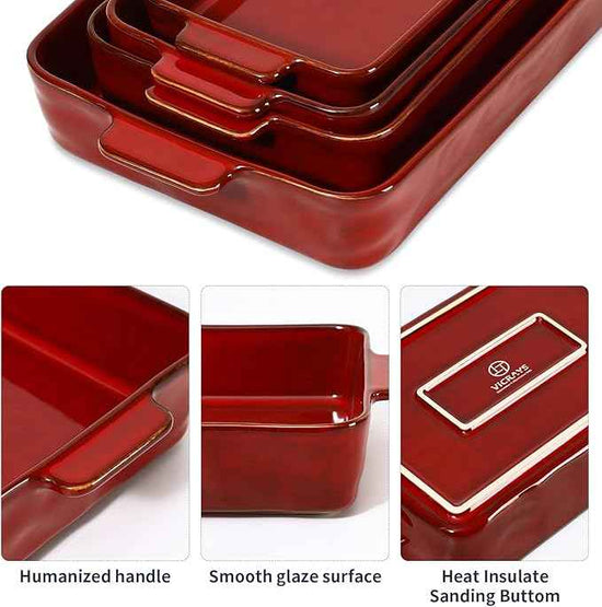 VICRAYS Ceramic Bakeware Set, Porcelain Rectangular Lasagna Pans Casserole Dish Set for Baking, Cooking, Kitchen, Cake Dinner, Banquet and Daily Use, 4 PCS, Cherry Red(9.52"/11.06"/11.77"/14.56")