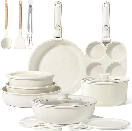 GiPP Ceramic Pots and Pans Set Non Stick, Nonstick Detachable Handle Cookware Sets, Healthy Non Toxic PFAS PFOA & PTFE Free, Dishwasher ＆Oven Safe, Induction Kitchen Pot and Pan, 21 Piece Cream