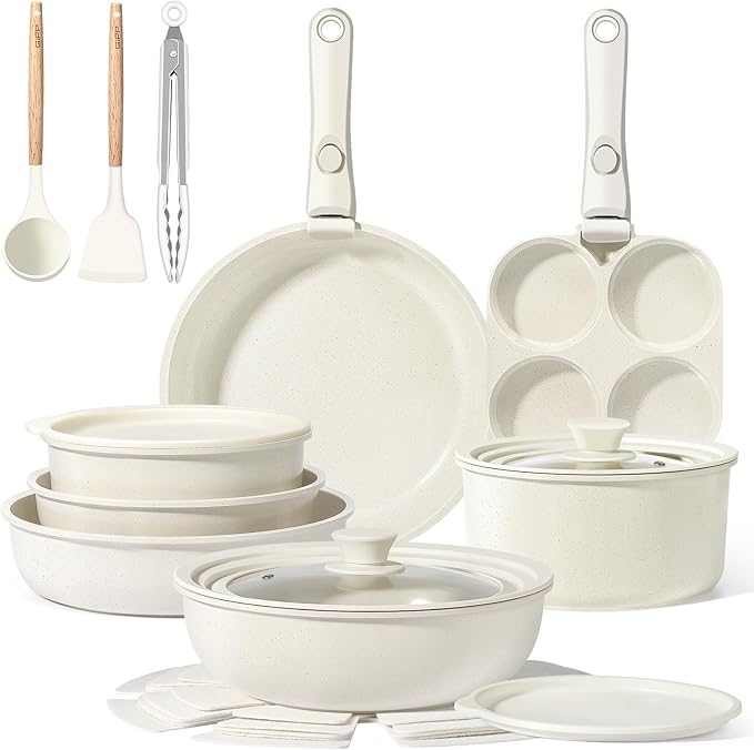 GiPP Ceramic Pots and Pans Set Non Stick, Nonstick Detachable Handle Cookware Sets, Healthy Non Toxic PFAS PFOA & PTFE Free, Dishwasher ＆Oven Safe, Induction Kitchen Pot and Pan, 21 Piece Cream
