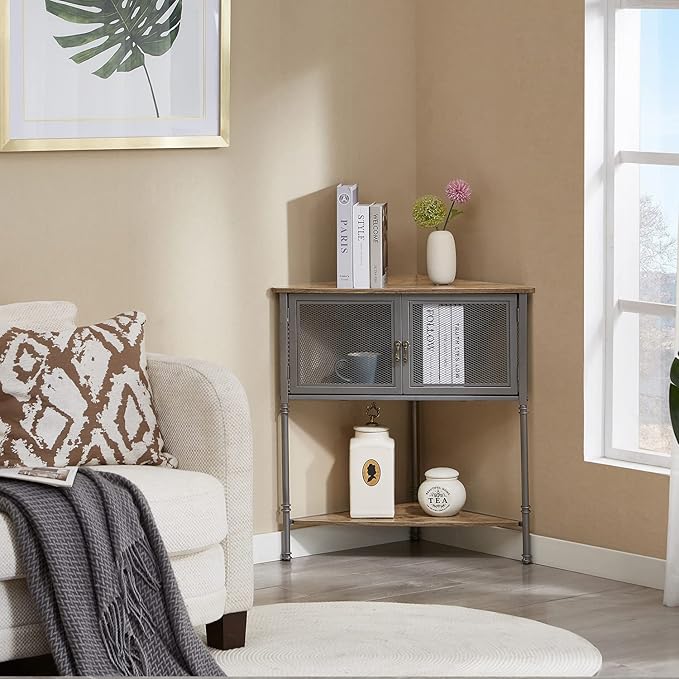VECELO Corner Cabinet/Table, 3-Tier Display Shelves with Protection Door, Metal Frame Storage Shelf Organizer for Small Space, Living Room, Kitchen, Bathroom