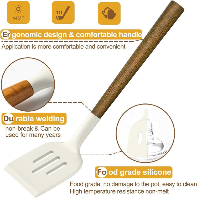 Non Stick Silicone Kitchen Utensils Set with Natural Acacia Hard Wood Handle (8 Count)