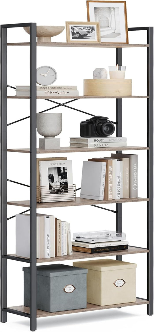 VASAGLE 6-Tier Bookshelf, Bookcase with Steel Frame, Book Shelf for Living Room, Home Office, Study, 11.8 x 31.5 x 73.2 Inches, Industrial Style, Heather Greige and Ink Black ULLS082B02