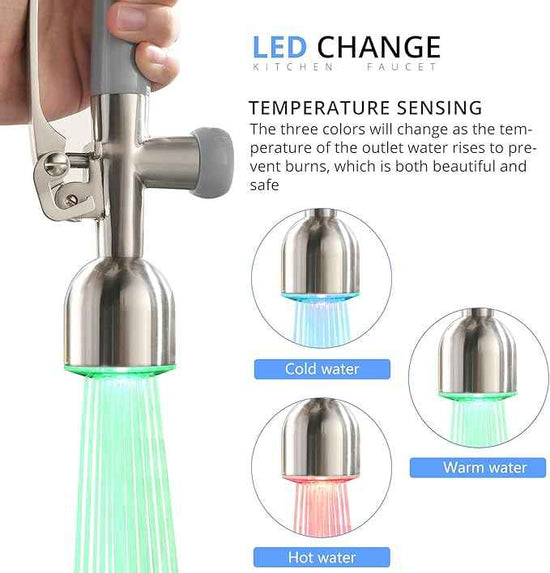 Fapully Commercial Kitchen Faucets with Pull Down Sprayer Brushed Nickel LED Single Handle Faucet for Kitchen Sink, Kitchen Faucet with Soap Dispenser and Deck Plack for 4 Hole