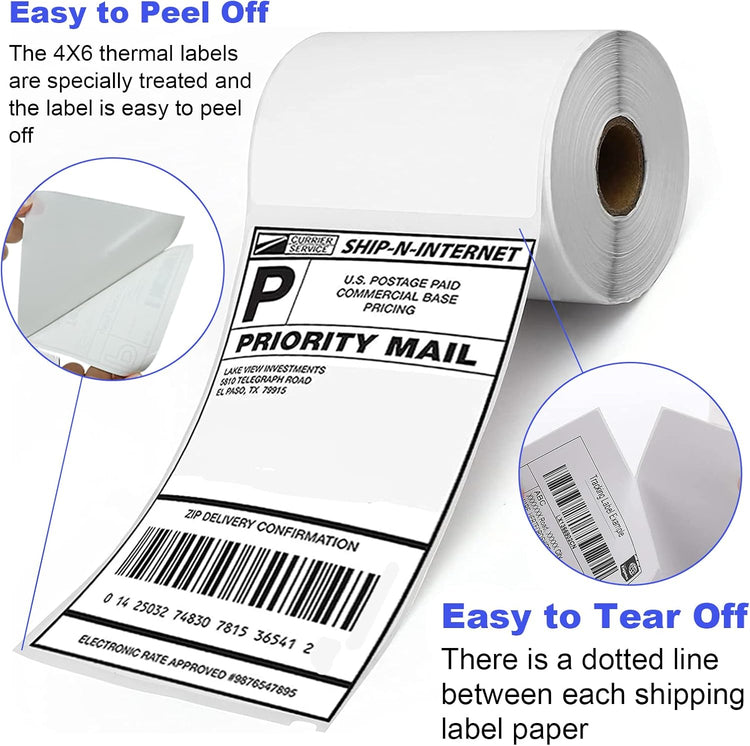 FungLam 4 Rolls 4x6 Direct Thermal Shipping Labels, 250 Labels Per Roll, 1" Core, Perforated, White Mailing Postage Shipping Label Compatible with Zebra 2844 ZP-450 ZP-500 ZP-505