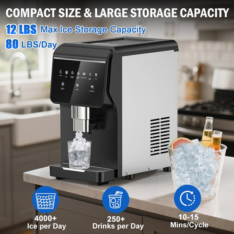 80 lbs Nugget Ice Maker with Water Dispenser Countertop Self