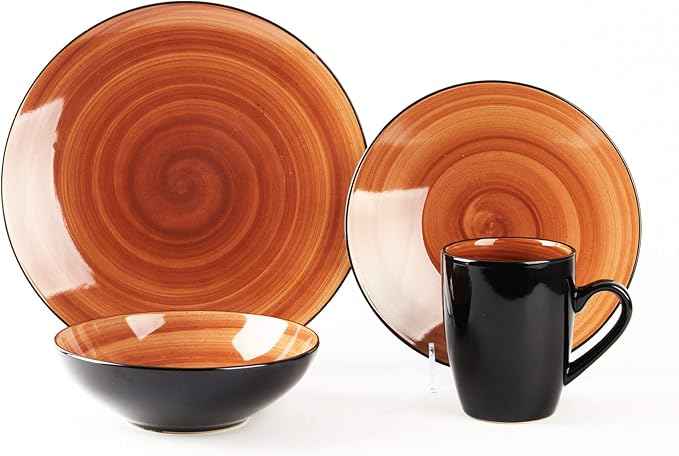 16-Piece Dinnerware Set - Serves 4, Black and Speckled Purple Plates & Bowls Set | Microwave & Dishwasher Safe Mix Cobalt, Mocha, Rose, Spice