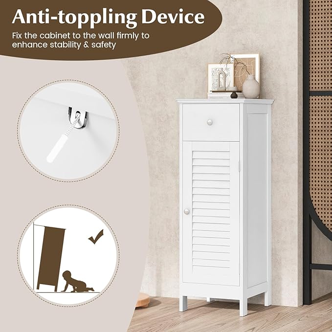COSTWAY Bathroom Storage Cabinet, Single Door Storage Organizer w/ 1 Drawer & Adjustable Shelf, Freestanding Narrow Slim Floor Cabinet for Living Room Bedroom Hallway (White)