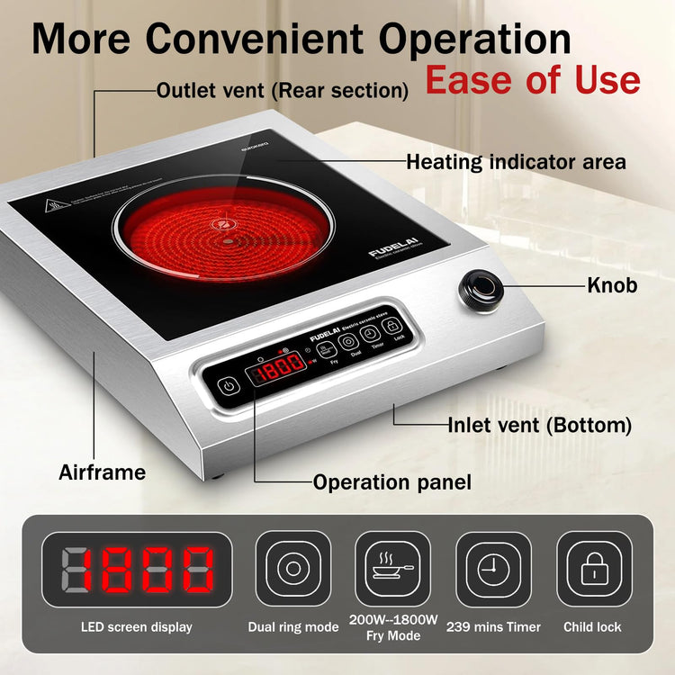 1800W Hot Plate Electric Induction Cooktop Portable Infrared Burner