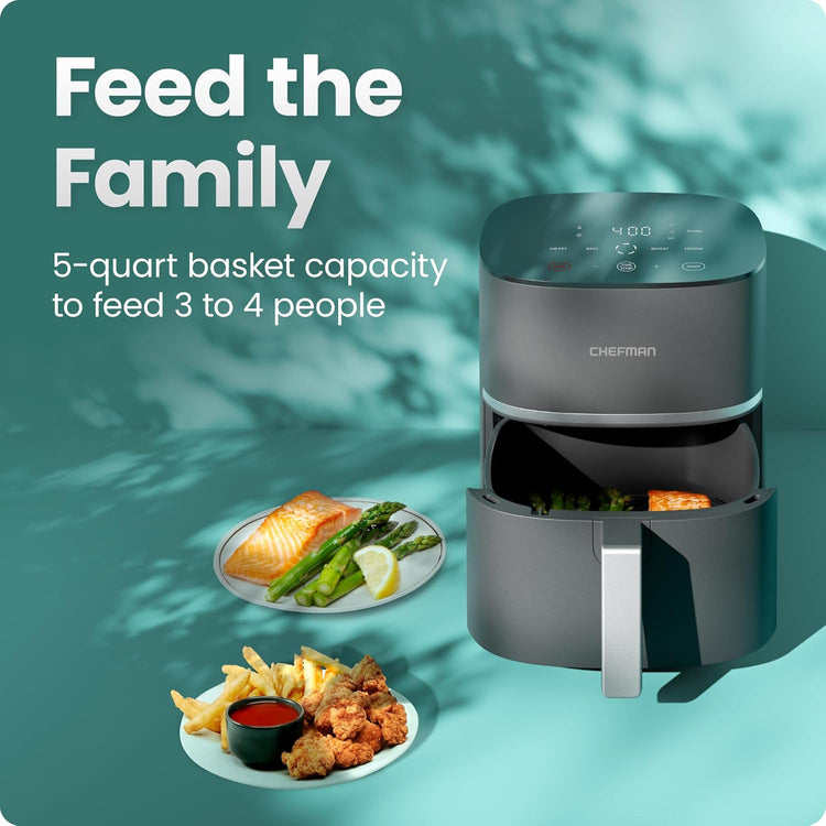 Chefman TurboX 4-in-1 Air Fryer, 5-Quart Airfryer for Extra Crispy Chicken, Fries, Wings, and More, Air Fry, Bake, Reheat, and Frozen Functions, Digital Touch Controls, Dishwasher Safe - Gray