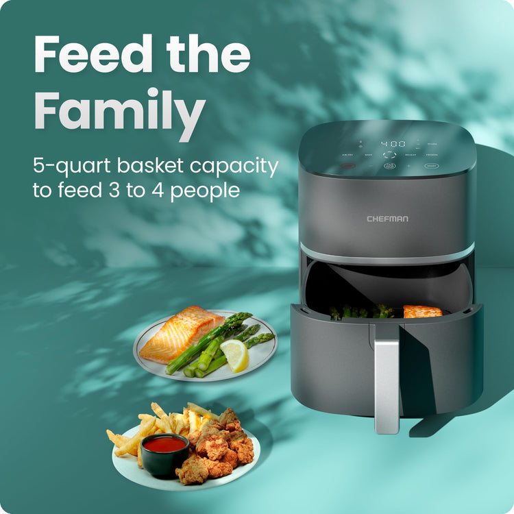 TurboX 4-in-1 Air Fryer, 5-Quart Airfryer for Extra Crispy Chicken, Fries, Wings, and More, Air Fry, Bake, Reheat, and Frozen Functions, Digital Touch Controls, Dishwasher Safe - Gray
