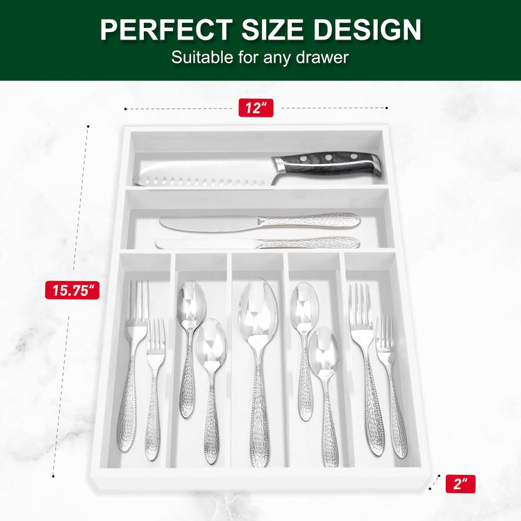 White Utensil Organizer 12.5 Inch Silverware Tray for Drawer Utensil Holder Cutlery Organizer Kitchen Drawer Organizer 7 Compartment Small Narrow Bamboo