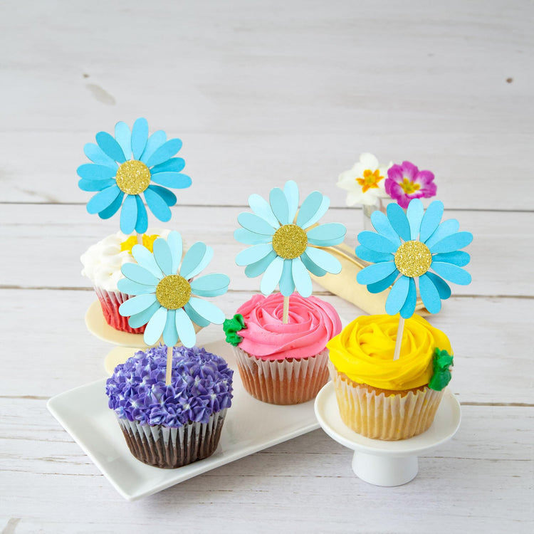 24Pcs Daisy Cupcake Toppers Flower Cake Topper Decorations Daisy Cake Decorations Chrysanthemum Cupcake Toppers Spring Daisy Flower Cake Picks for Birthday Wedding Supplies Blue (24 Count)