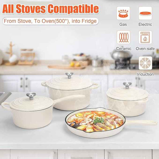 QuliMetal Nonstick Enameled Cast Iron Cookware Set, 7-Pcs Pots and Pans with Lid, Frying Pan Skillet, Sauce Pan, Healthy Round Dutch Oven Pot for Sourdough Bread Baking on All Stovetop, Cream White