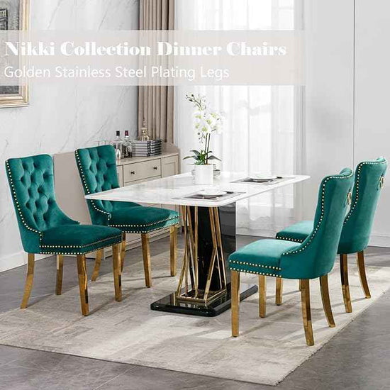 Velvet Dining Room Chairs Set of 4, Upholstered Dining Chairs with Back Ring Pull Trim and Golden Stainless Steel Legs,Modern Dining Chair Perfect for Dining Room,Living Room,Kitchen(Green)
