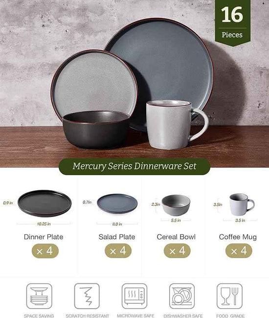 Famiware Mercury Dinnerware Sets with Mugs, Service for 4 (16 Pieces), Plates and Bowls Sets, Microwave and Dishwasher Safe Dishes Set, Multi-color