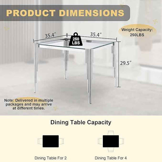 35'' Modern Square Glass Dining Table for 4 People,Tempered Glass Top Dining Room Table with Stainless Steel Base, Glass and Silver Dining Table for 4, Rectangle Dining Kitchen Table for Dinner